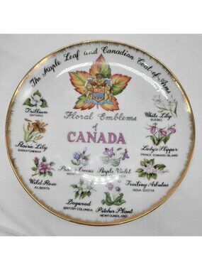 Vtg Floral Emblems Of Canada Souvenier Plate Gold Trim ESD Japan 8" NL21508